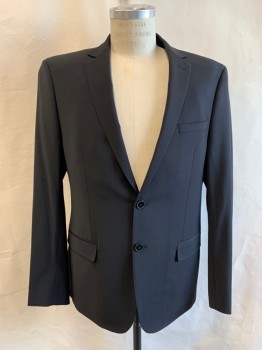 CALVIN KLEIN, Black, Wool, Elastane, Solid, Single Breasted, Collar Attached, Notched Lapel, Hand Picked Collar/Lapel, 2 Buttons,  3 Pockets