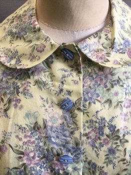 MTO, Lt Yellow, Lavender Purple, Green, Cotton, Floral, Blue Striated Button Front, Long Sleeves, Pleated From Princess Seams at Waist, Peter Pan Collar