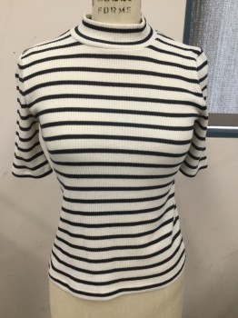 MADEWELL , White, Navy Blue, Polyester, Cotton, Stripes, Mock Turtle Neck,  Short Sleeves, Self Ribbed