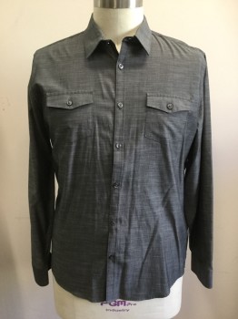CALVIN KLEIN, Gray, Cotton, Heathered, Button Front, Collar Attached, Long Sleeves, 2 Flap Pockets