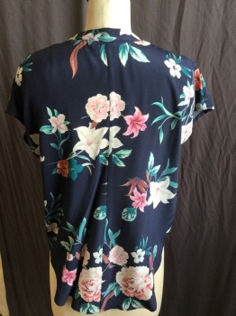 AMOUR VERT, Navy Blue, Pink, Off White, Teal Green, Orange, Polyester, Floral, V-neck with Mandarin/Nehru Collar,  Cut-off Sleeves