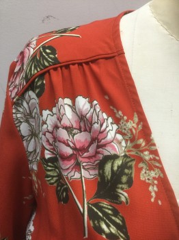 ASTR, Red, Dusty Lavender, Mauve Pink, Dk Green, White, Polyester, Floral, Red with Pastel Floral Pattern, Long Sleeves, Wrap Top, Wrapped V-neck, Self Ties at Waist, Gathered at Shoulder Seams **Barcode at Waist Seam