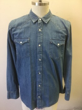 Mens, Western, LEVI'S, Denim Blue, Cotton, Solid, XL, Lightweight Denim/Chambray, Long Sleeve, Snap Front, Collar Attached, Smoky White and Silver Snaps, 2 Pockets with Snap Closures, Tan Topstitching, Western Style Yoke