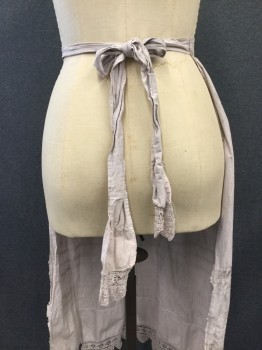 N/L, Beige, Cotton, Solid, Aged, Dirty, Tattered Looking Cotton Half Apron, Tuck Pleats at Hem, with Crochet Lace Trim . Crochet Trim at Back Tie