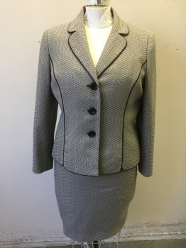 Womens, 1990s Vintage, Suit, Jacket, LE SUIT, Cream, Black, Polyester, Speckled, W:36, B:46, Solid Black Piping Trim, Single Breasted, Rounded Notched Lapel, 3 Buttons, Piping at Princess Seams, Padded Shoulders,