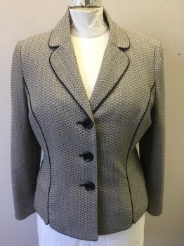 LE SUIT, Cream, Black, Polyester, Speckled, Solid Black Piping Trim, Single Breasted, Rounded Notched Lapel, 3 Buttons, Piping at Princess Seams, Padded Shoulders,