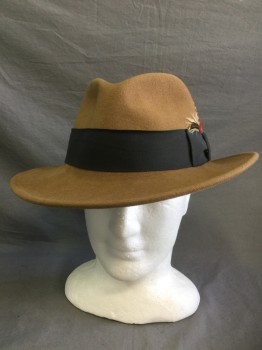 Mens, Fedora, GOLDEN GATE HAT CO, Caramel Brown, Black, Wool, 24", XL, Black Grosgrain Hat Band with Feather
