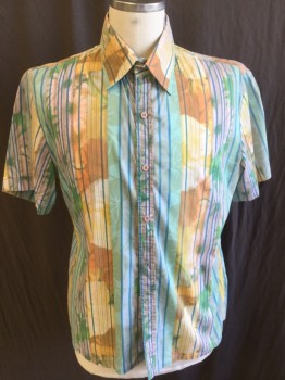VENISSAC, Sea Foam Green, Turquoise Blue, Orange, Yellow, Green, Cotton, Polyester, Stripes - Vertical , Hawaiian Print, Collar Attached, Button Front, Short Sleeves,