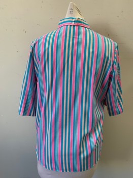 ALDEN'S FASHIONS, Pink, Blue, White, Peach Orange, Polyester, Rayon, Stripes, Zig-Zag , 3/4 Sleeves, Button Front, Collar Attached, Button Down Collar, *Shoulder Burn*