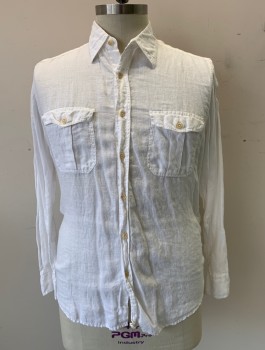 Mens, Casual Shirt, VILEBREQUIN, White, Linen, Solid, XL, Long Sleeve Button Front, Collar Attached, 2 Pockets with Button Flap Closures