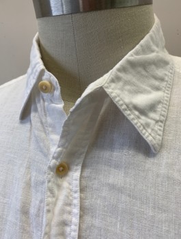 VILEBREQUIN, White, Linen, Solid, Long Sleeve Button Front, Collar Attached, 2 Pockets with Button Flap Closures