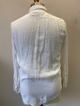 VILEBREQUIN, White, Linen, Solid, Long Sleeve Button Front, Collar Attached, 2 Pockets with Button Flap Closures