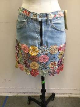 Womens, Skirt, Mini, BUTTS UP, Lt Blue, Multi-color, Cotton, Patchwork, Faded, 29, Faded Blue Denim with Multi Color Assorted Patterns of Circles of Fabric or Bandanas? 5 Pockets,