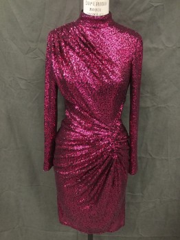 Womens, Cocktail Dress, TADASHI, Hot Pink, Polyester, Sequins, Solid, B34, M, W26, Swirling Sequins Over Black Stretch, Stand Collar, Long Sleeves, Pleated at Right Shoulder, Gathered at Left Hip Front and Center Back, Zip Back, Knee Length