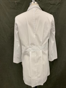 N/L, White, Poly/Cotton, Solid, Single Breasted, Button Front, 4 Pockets, 3 Pockets, Collar Attached, Notched Lapel, Long Sleeves, Self "Belt" Panel/Detail at Back Waist, Pleated Up and Down From Back Waistband