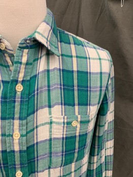 LUCKY BRAND, Green, White, Navy Blue, Cotton, Plaid, Herringbone, Thin Double Layer, Button Front, Collar Attached, 2 Pockets, Long Sleeves, Button Cuff