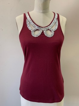Womens, Top, WALTER, Wine Red, Silver, Polyester, Rayon, Solid, S, Scoop Tank, Silver Chain Neck Detail, Scalloped Cutouts with Silver Chain Detail, Keyhole Back with Chain Detail