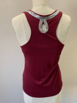 Womens, Top, WALTER, Wine Red, Silver, Polyester, Rayon, Solid, S, Scoop Tank, Silver Chain Neck Detail, Scalloped Cutouts with Silver Chain Detail, Keyhole Back with Chain Detail