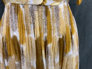 ADLER, Goldenrod Yellow, Cream, Brown, Silk, Floral, Pom-pom Looking Floral Pattern, Button Front Top, Chiffon Tie Neck Embedded in Neck, Short Sleeves, Knife Pleated Chiffon Skirt Over White Silk,