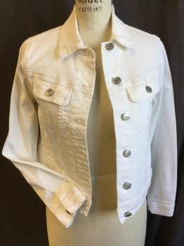 Womens, Jean Jacket, BDG, White, Cotton, Elastane, Solid, S/P, Collar Attached, Silver Button Front, 4 Pockets, Long Sleeves,