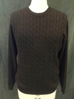 Mens, Pullover Sweater, ROUNDTREE & YORKE, Chocolate Brown, Cotton, Solid, M, Crew Neck, Long Sleeves, Cable Knit, Ribbed Knit Neck/Waistband/Cuff
