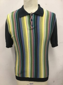 INSERCH, Black, Yellow, Green, Blue, Purple, Cotton, Acrylic, Stripes - Vertical , Color Blocking, Ribbed Knit Multi-Color Vertical Stripe Front, 3 Button Placket, Solid Black Ribbed Knit Collar, Short Sleeves, Back, Ribbed Knit Cuff/Waistband