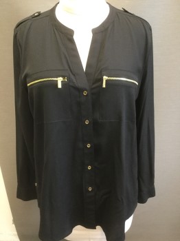 CALVIN KLEIN, Black, Silk, Solid, Band Neck , Button Front, Long Sleeves, Gold Zipper Pockets, Epaulets