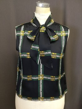 NINE WEST, Navy Blue, Dk Green, Mustard Yellow, White, Polyester, Plaid-  Windowpane, V neck with Attached Self Tie, Large Window Pane, Sleeveless