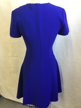 THEORY, Royal Blue, Acetate, Polyester, Solid, Round Neck, Vertical Panel Flair Bottom, Zip Back