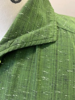 LANCER, Avocado Green, White, Cotton, Speckled, White Horizontal Streaks/Slub Texture, Gray Vertical Streaks, Long Sleeves, Button Front, Collar Attached, 1 Patch Pocket,