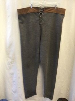 Mens, Historical Fiction Pants, NO LABEL, Gray, Synthetic, Heathered, W 36, Brown Small Speckles, Brown Faux Suede Waist, Belt Loops, Lace Up Front