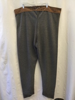Mens, Historical Fiction Pants, NO LABEL, Gray, Synthetic, Heathered, W 36, Brown Small Speckles, Brown Faux Suede Waist, Belt Loops, Lace Up Front