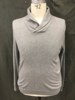 Mens, Pullover Sweater, NORDSTROM, Lt Gray, Cotton, Cashmere, Solid, L, Shawl Collar, Long Sleeves, Ribbed Knit Waistband/Cuff