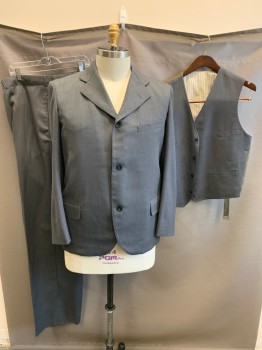 SIAM COSTUMES, Gray, Wool, Solid, Single Breasted, 3 Buttons,  Notched Lapel, 3 Pockets, No Center Back Vent,