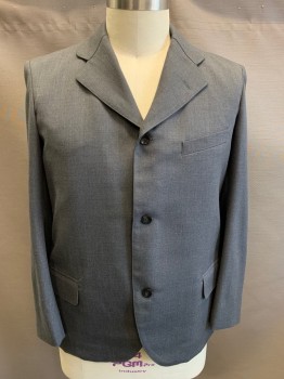 SIAM COSTUMES, Gray, Wool, Solid, Single Breasted, 3 Buttons,  Notched Lapel, 3 Pockets, No Center Back Vent,