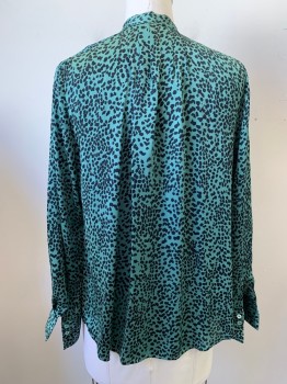 Womens, Blouse, EQUIPMENT, Green, Black, Silk, Animal Print, L, Leopard Print, Collar Attached, Button Front, Pleated Front & Back, Long Sleeves