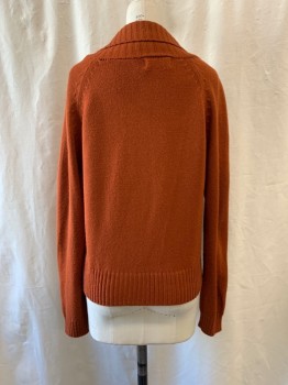 GLAMOUR KNIT, Burnt Orange, Acrylic, V-neck, Shawl Lapel, Single Breasted, Button Front, 5 Buttons, Rib Knit Waist, Cuffs, & Collar