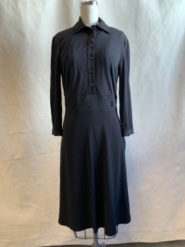 Womens, Dress, Long & 3/4 Sleeve, TAHARI, Black, Polyester, Spandex, Solid, 2, Button Front Top, Stretch, Collar Attached, Long Sleeves, Button Cuff, 2 3/4" Waistband with Small Belt Loops, Side Seam Zip, Hem Below Knee