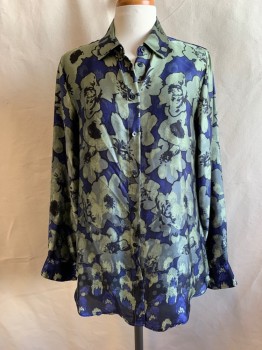 Womens, Blouse, BANANA REPUBLIC, Navy Blue, Olive Green, Polyester, Floral, S, Button Front, Collar Attached, Long Sleeves, Button Cuff
