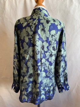 BANANA REPUBLIC, Navy Blue, Olive Green, Polyester, Floral, Button Front, Collar Attached, Long Sleeves, Button Cuff