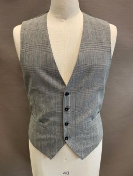 Mens, Suit, Vest, HIGH SOCIETY, Black, White, Wool, Glen Plaid, 40R, V-N, Single Breasted, Button Front, 5 Buttons, 2 Pockets at Waist, Belted Back, *Broken Buckle