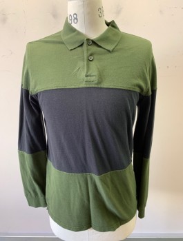 Mens, Polo, LEVI'S, Olive Green, Black, Cotton, Color Blocking, S, Pique Jersey, 3 Tiers Of Panels, Center Is Black, Top & Bottom Are Olive, L/S, Rugby Shirt, Rib Knit Collar, 2 Button Placket