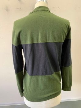 Mens, Polo, LEVI'S, Olive Green, Black, Cotton, Color Blocking, S, Pique Jersey, 3 Tiers Of Panels, Center Is Black, Top & Bottom Are Olive, L/S, Rugby Shirt, Rib Knit Collar, 2 Button Placket