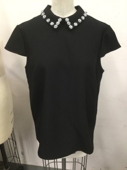 Womens, Top, TED BAKER, Black, Polyester, Solid, S, 2, Pointy Peter Pan Collar, Cap Sleeves, Rhinestone & Pearls on Collar, Back Closure