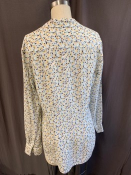 Womens, Blouse, EQUIPMENT, Off White, Lt Blue, Black, Peach Orange, Polyester, Floral, S, Long Sleeves, 4 Buttons, Patch Pocket,  Notched Lapel, White Piping on Pocket and Cuffs