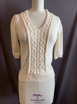 Womens, Top, MOTH, Cream, Cotton, Nylon, Solid, Cable Knit, XS, V-neck, Short Sleeves, Cable knit Down Front