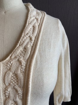 Womens, Top, MOTH, Cream, Cotton, Nylon, Solid, Cable Knit, XS, V-neck, Short Sleeves, Cable knit Down Front