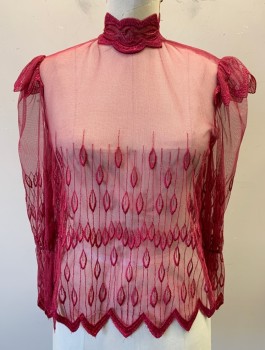 Womens, Top, N/L, Cranberry Red, Synthetic, Solid, B <36", Sheer Net with Self Embroidered Tear Drops (Feathers?) and Scallopped Edges, 3/4 Sleeves, Victorian Inspired High Collar and Puffy Sleeves with Scallopped Cap at Shoulders, Open Back with Hook & Eyes