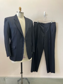 YVES SAINT LAURENT, Midnight Blue, Dk Gray, Wool, Nylon, Stripes - Pin, Notched Lapel, SB. B.F., 2 Btns, 3 Pckts