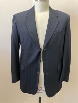 YVES SAINT LAURENT, Midnight Blue, Dk Gray, Wool, Nylon, Stripes - Pin, Notched Lapel, SB. B.F., 2 Btns, 3 Pckts